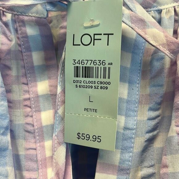 NWT LOFT Large Petite Blouse Puff Sleeve Gingham Pastel Blue Pink LP Tie Spring - Picture 8 of 16